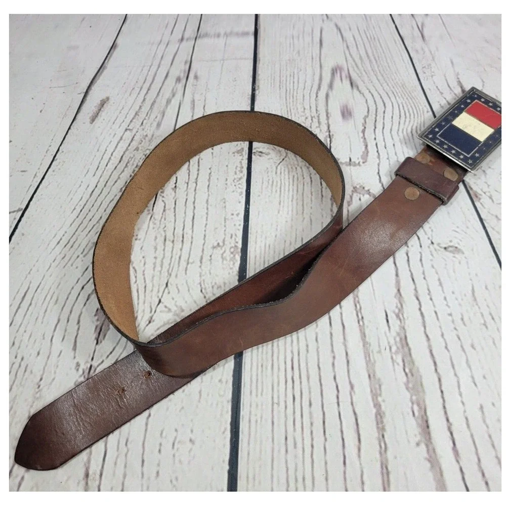Leather Belt Vintage Americana Patriotic Flag Buckle Steerhide Brown 34